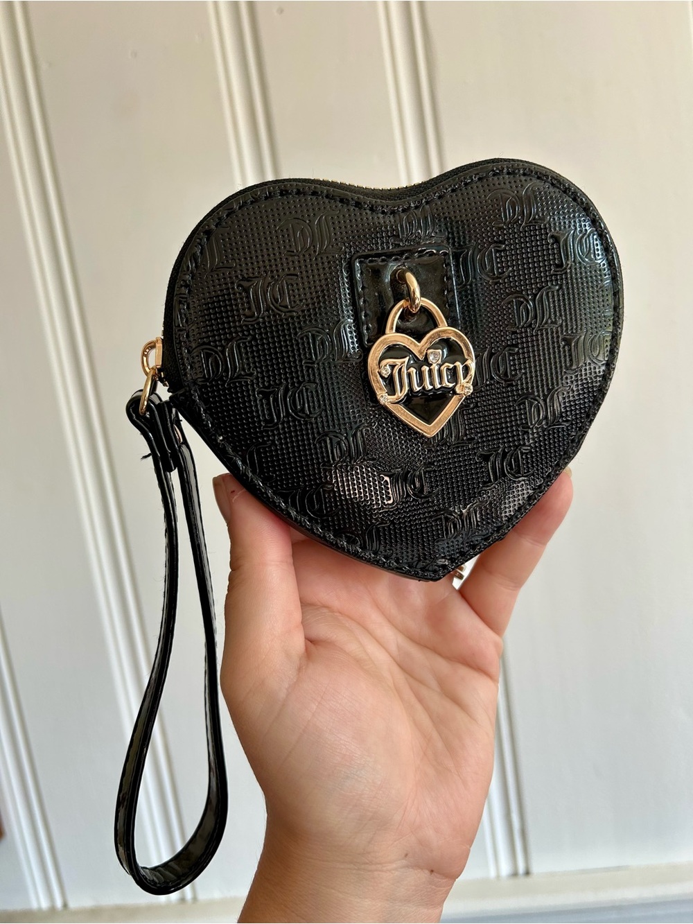 Juicy Couture Black Heart Wristlet with Gold Heart Charm Accent